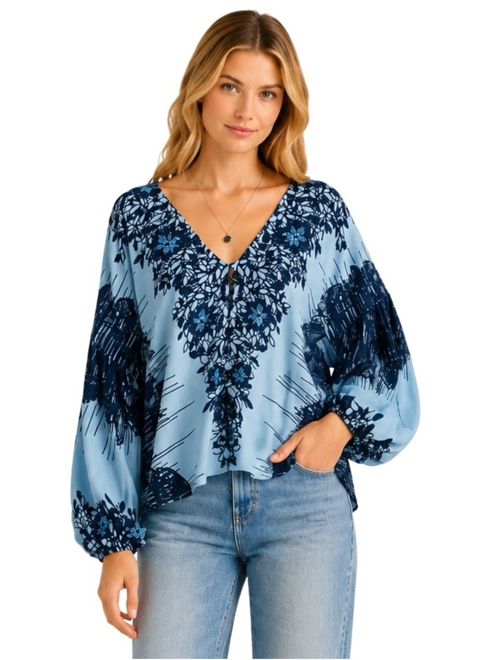 Free People Birds of a Feather Boho Floral Graphic Blue Size XS